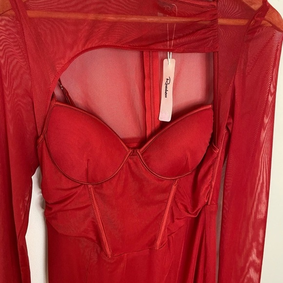 NWT Rosedress Red Corset Top Mesh Long Sleeve Midi Dress - Picture 9 of 13